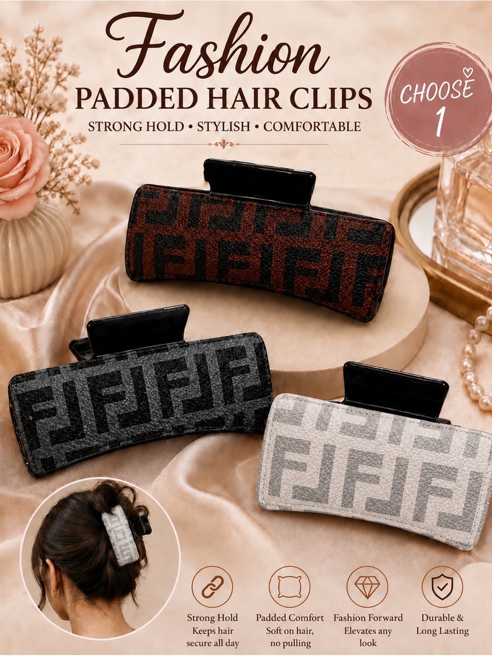 Fashion Hair Clip Gray w/ Black Print